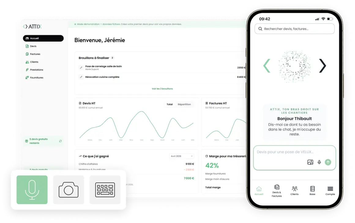 Un devis ATTIX sur ordinateur et sur téléphone, avec le choix du mode de saisie