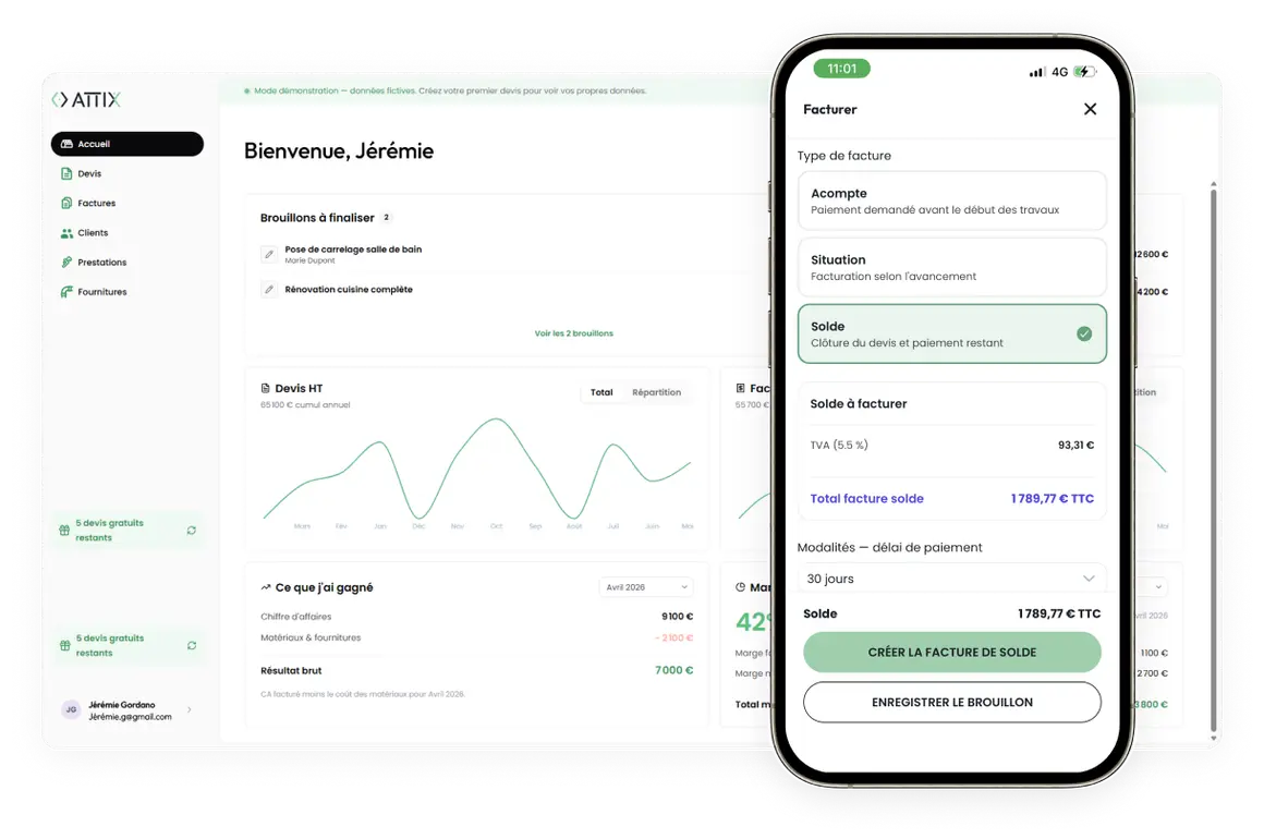 Le suivi de facturation d'un chantier dans ATTIX, sur ordinateur et sur téléphone