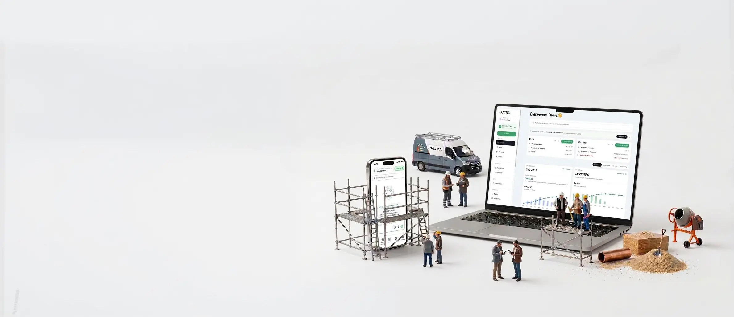 Un ordinateur portable ouvert sur ATTIX, entouré d'un échafaudage, d'une camionnette, d'une bétonnière et d'ouvriers miniatures