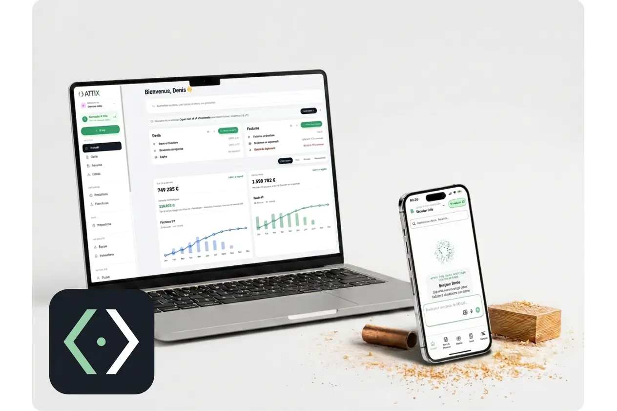 ATTIX sur ordinateur portable et sur téléphone, le tableau de bord et un devis en cours