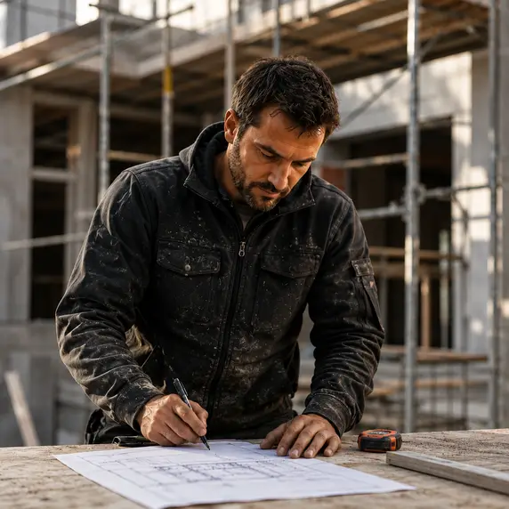 Un artisan seul sur un chantier, en train de chiffrer