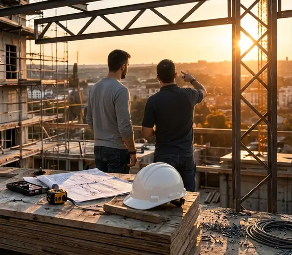 Une équipe de trois personnes sur un chantier au coucher du soleil